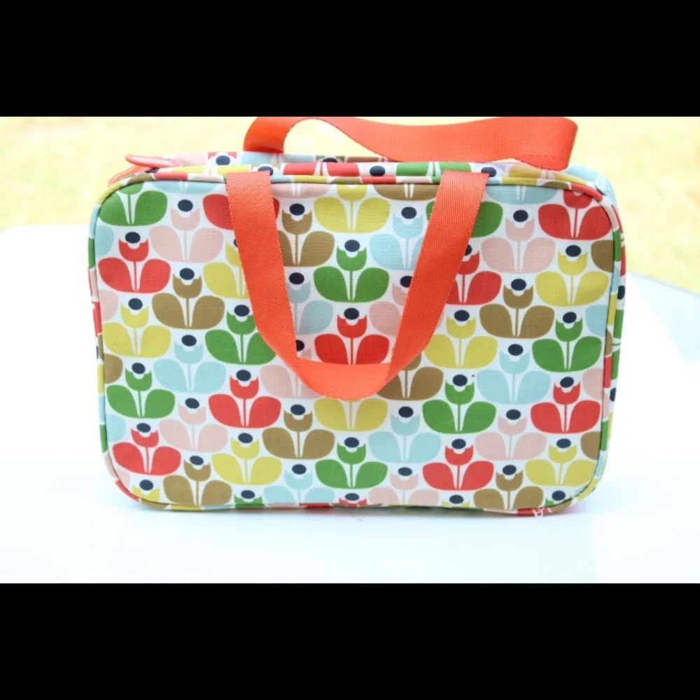 Orla Kiely Multicolor Floral Pattern Cosmetic Bag with Orange Handles